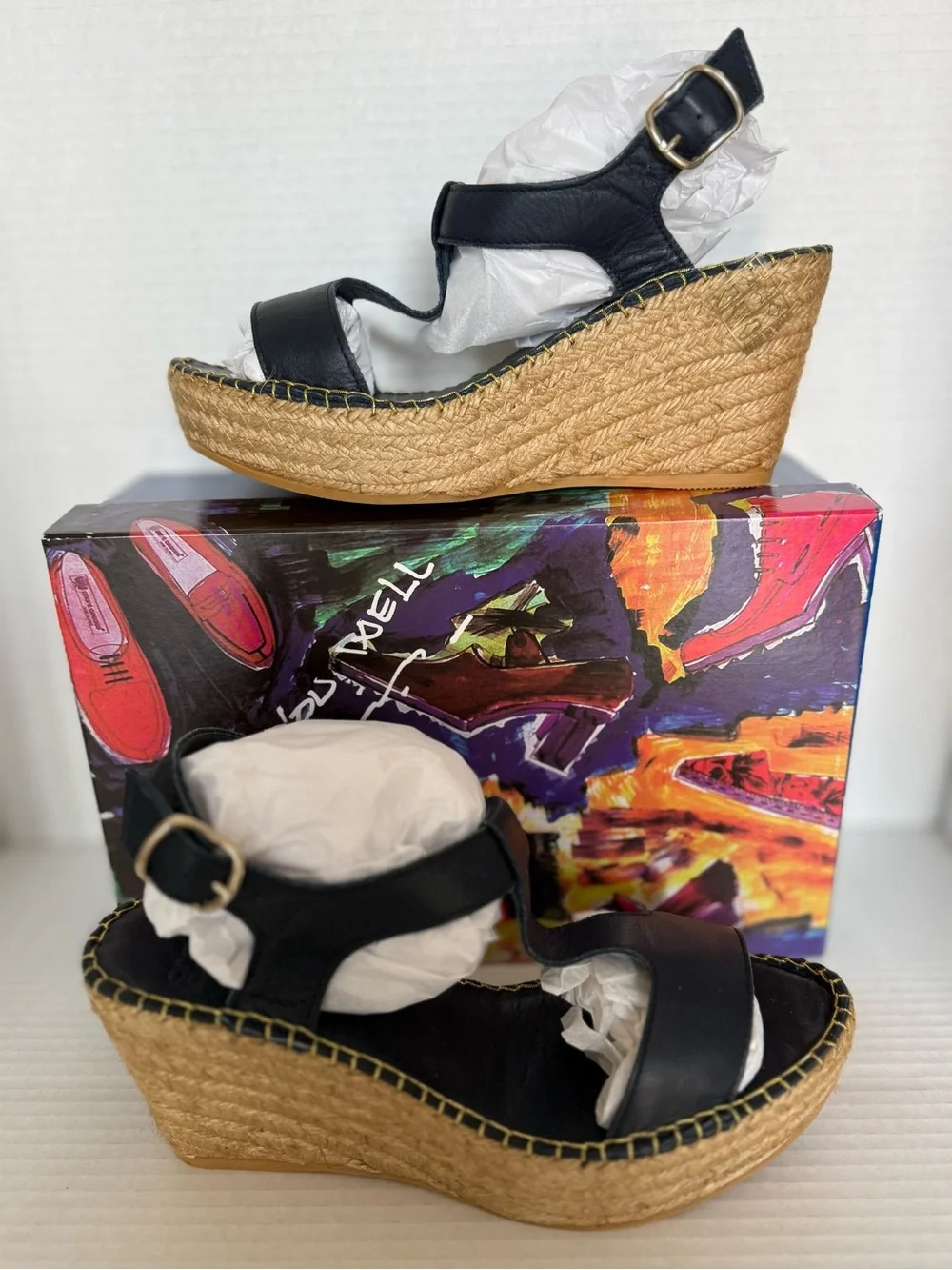 Andre Assous Black Leather Espadrille Wedge Sandals
